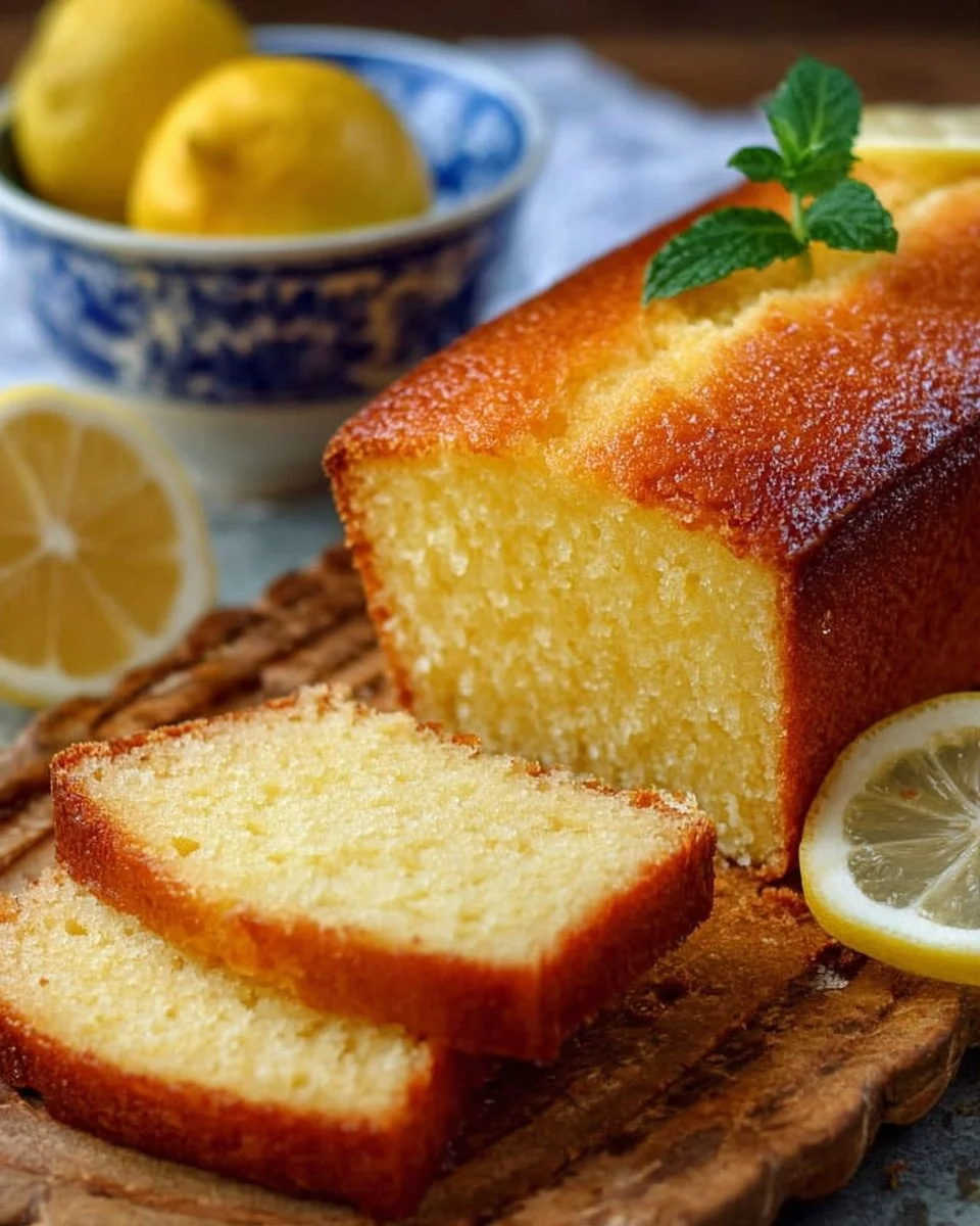 Healthy lemon yogurt cake on a decorative plate with lemon slices.