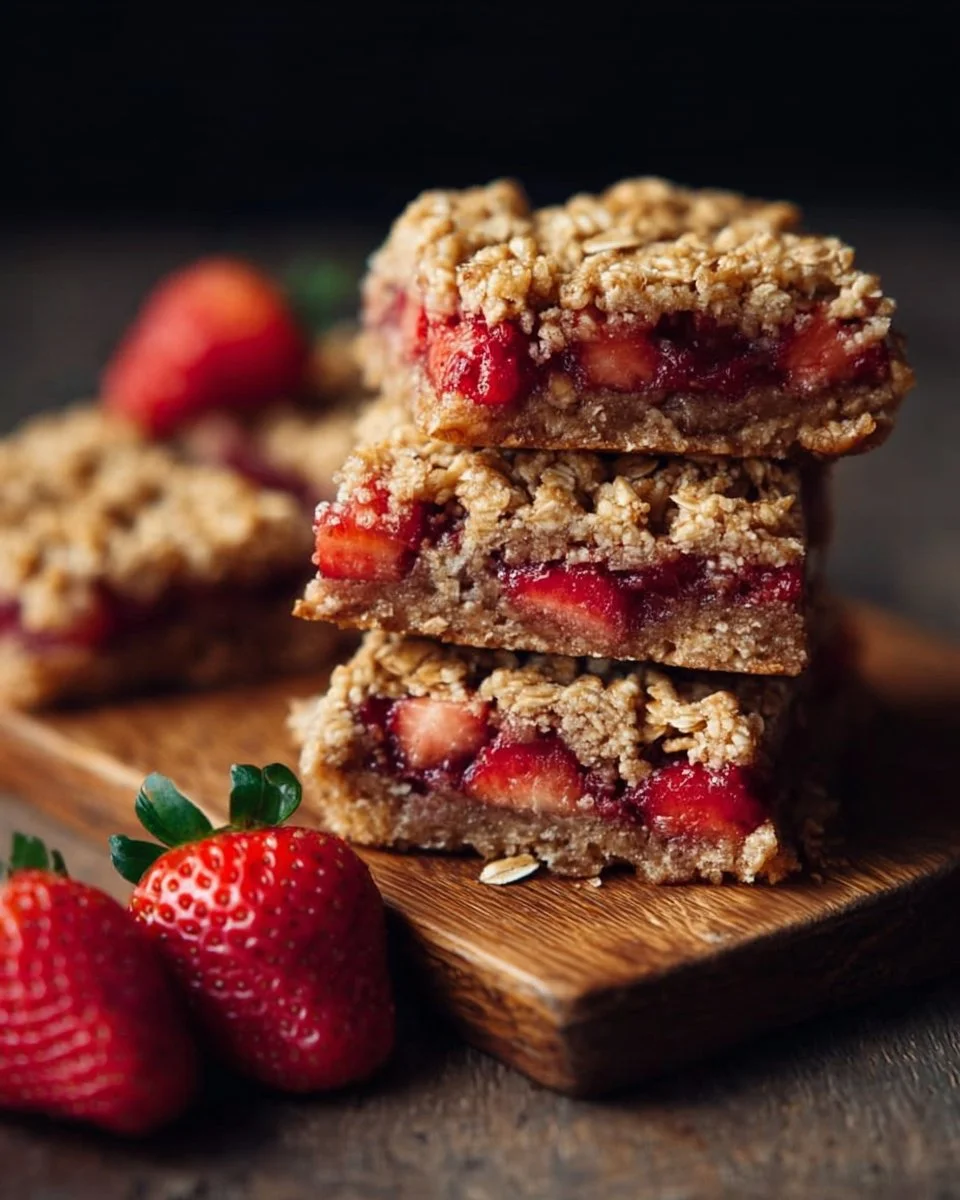 Delicious healthy strawberry oat bars on a rustic wooden table
