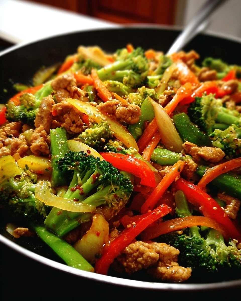 Healthy turkey vegetable stir-fry with colorful veggies in a skillet.