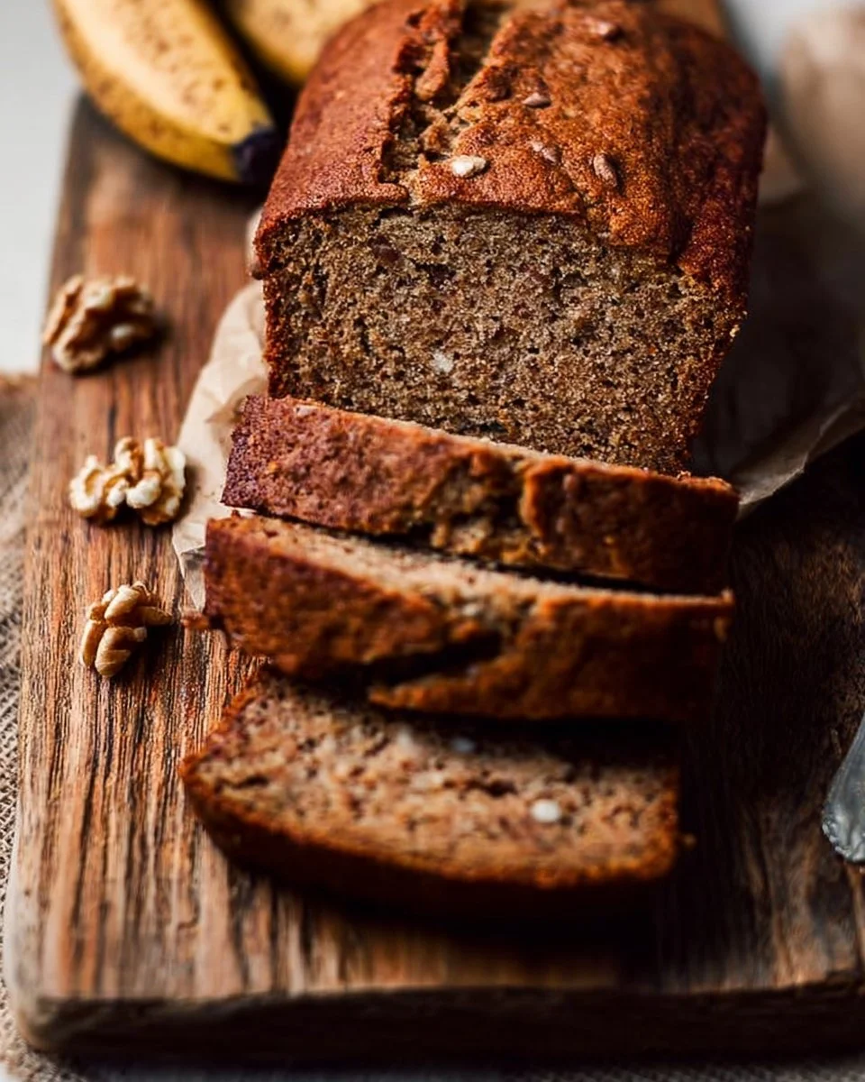 Healthy whole wheat banana bread with ripe bananas and nuts