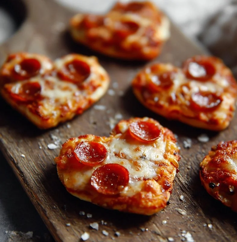Heart-shaped mini pizzas topped with fresh ingredients.