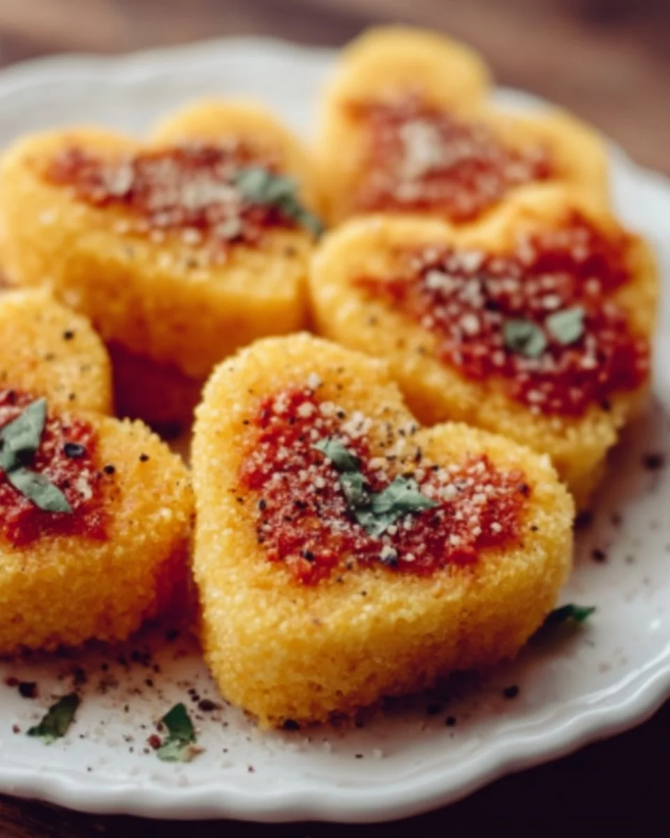 Heart-shaped polenta bites garnished with herbs, perfect for appetizers