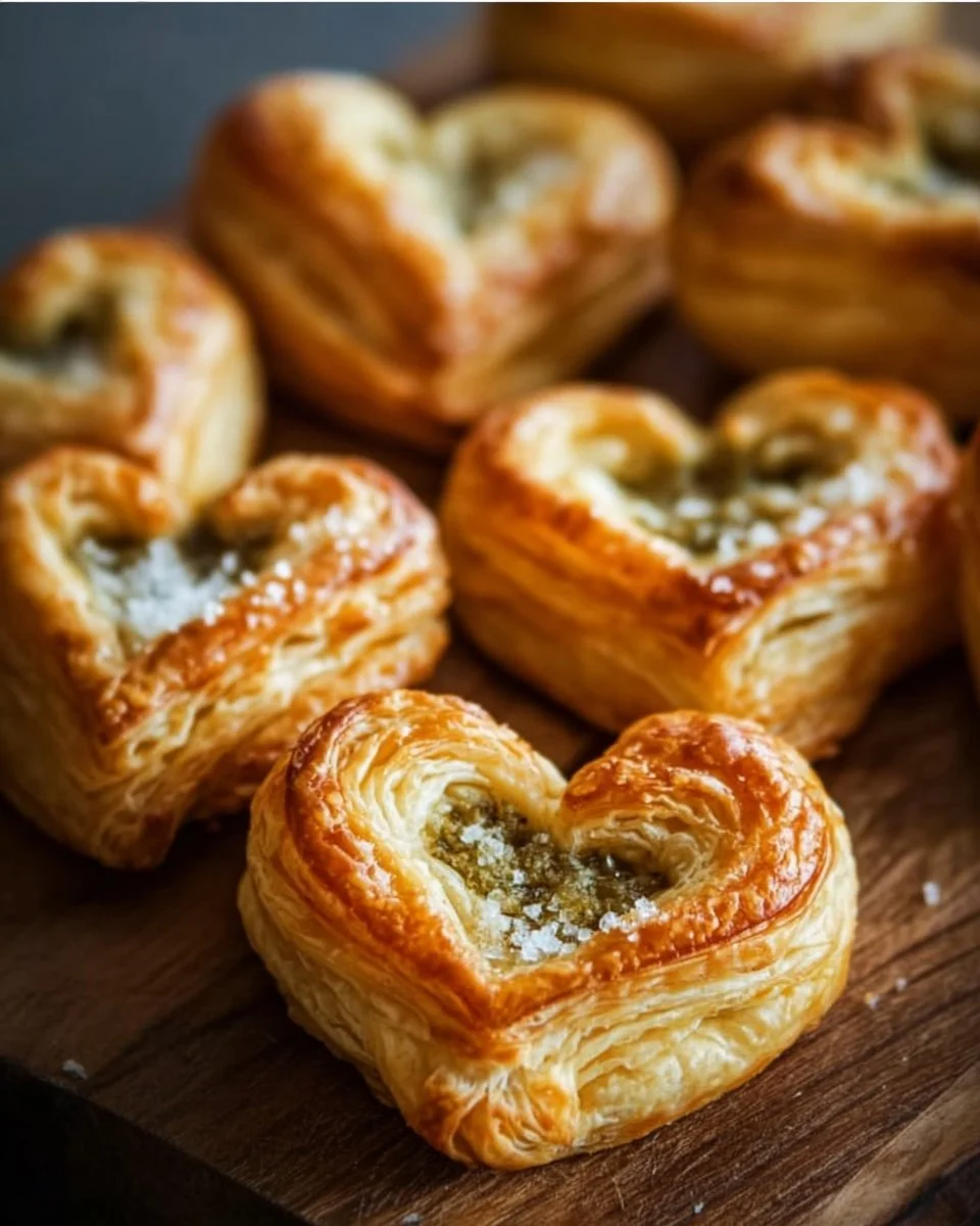 Heart-shaped puff pastry bites topped with savory filling