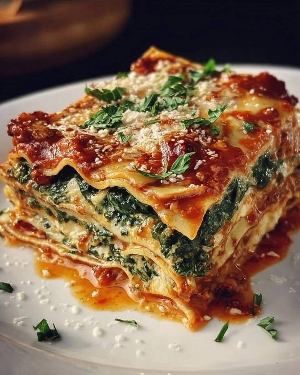 Hearty spinach lasagna with layers of cheese and fresh spinach