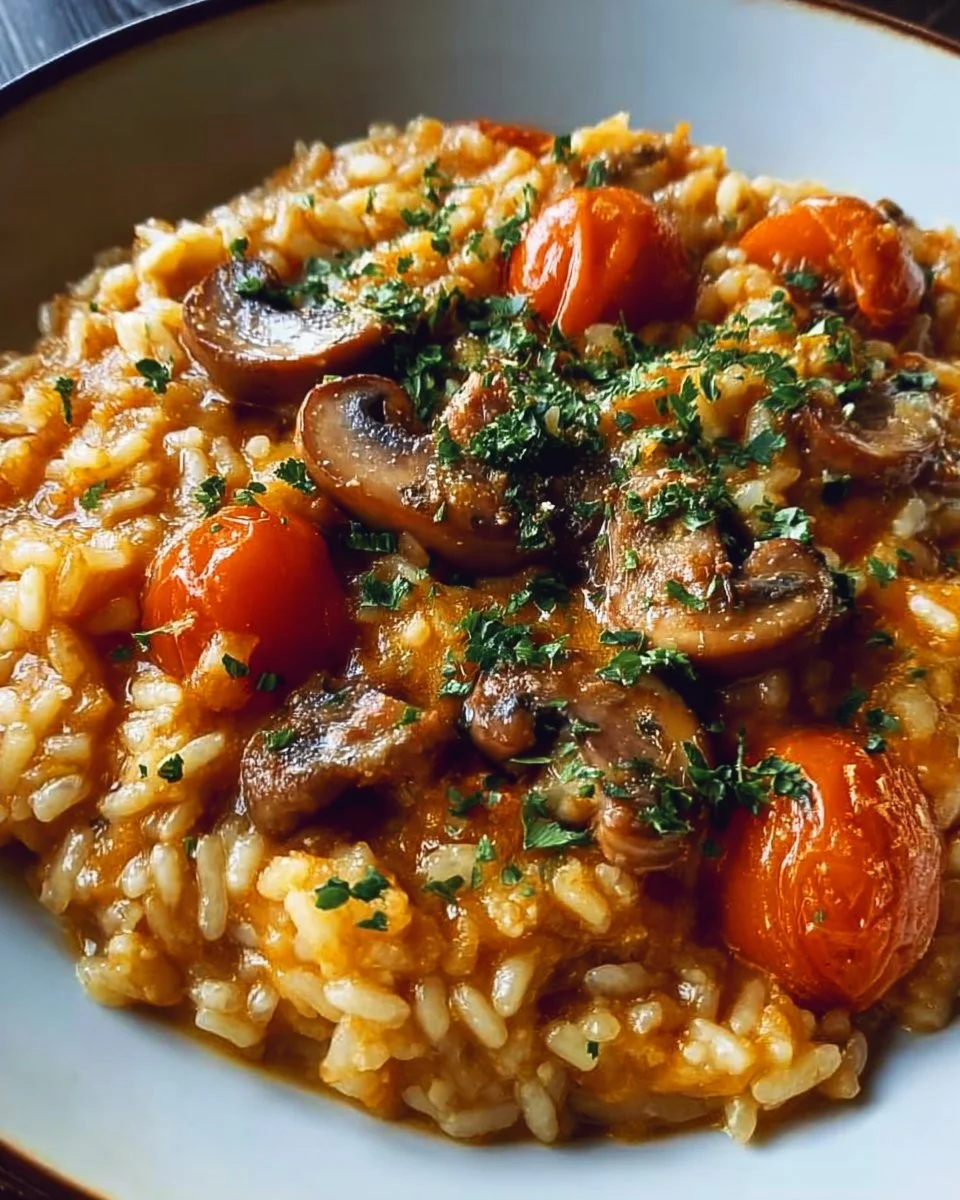 Heavenly Creamy Lemon Tomato Risotto with Mushrooms Delight 1 Creamy lemon tomato risotto with mushrooms served in a bowl