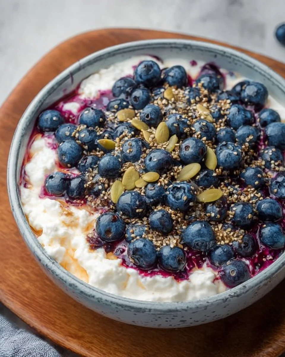 High protein blueberry cottage cheese bowl with fresh blueberries and granola