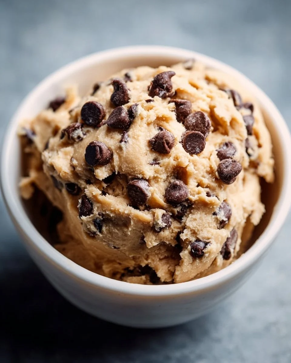Bowl of high-protein cookie dough with chocolate chips and nutritional ingredients