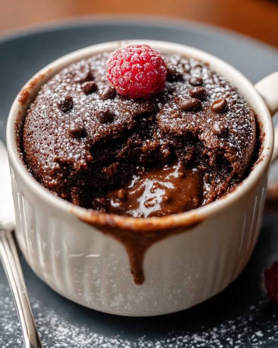Delicious high-protein mug cake served in a white mug with chocolate chips