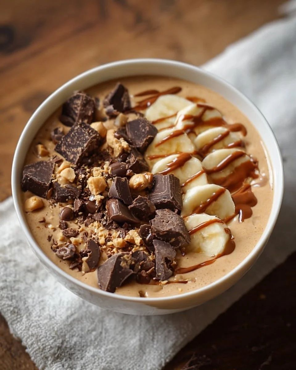 High-protein peanut butter chocolate bowl topped with nuts and berries
