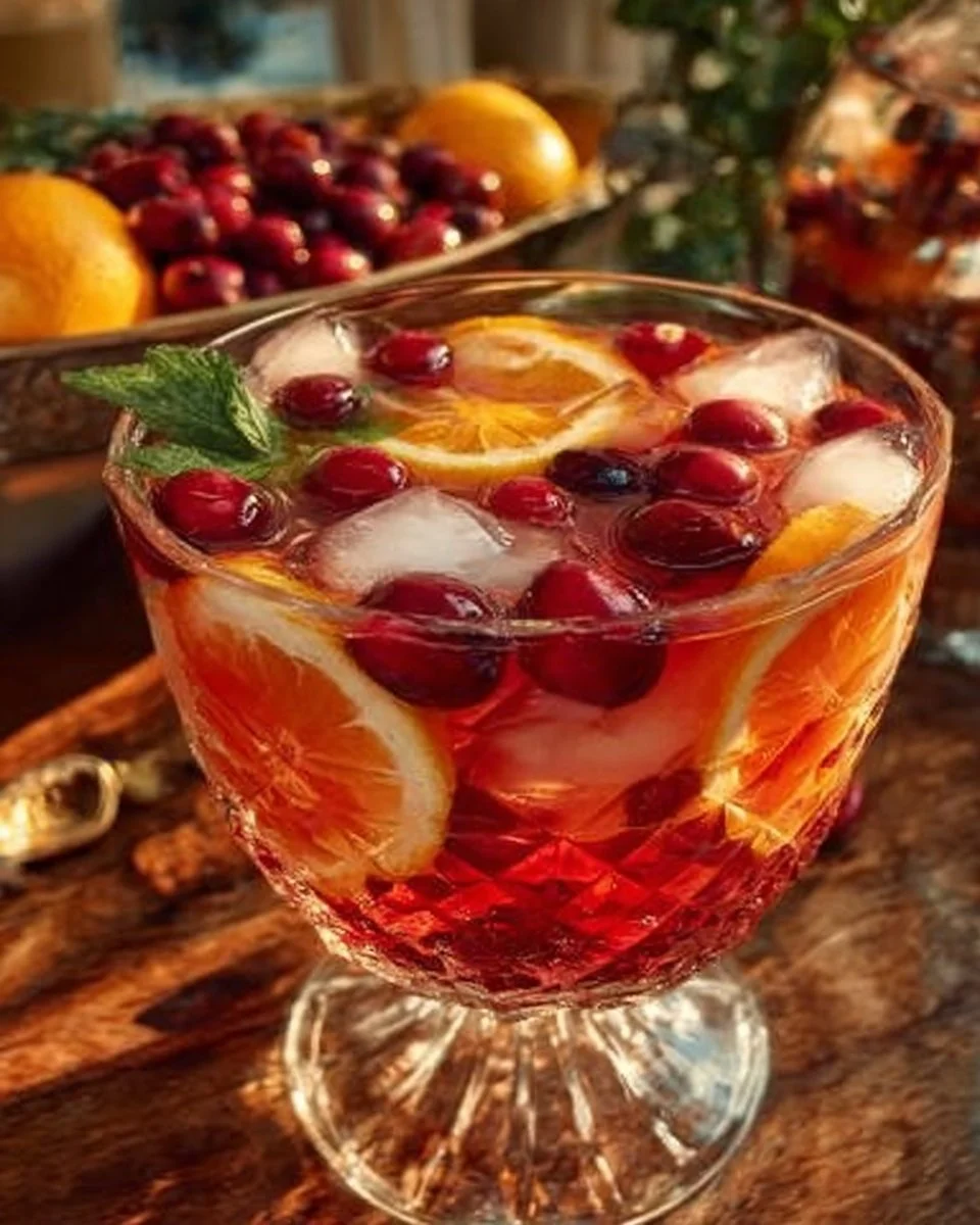 Festive Holiday Punch in a glass with seasonal fruit garnishes