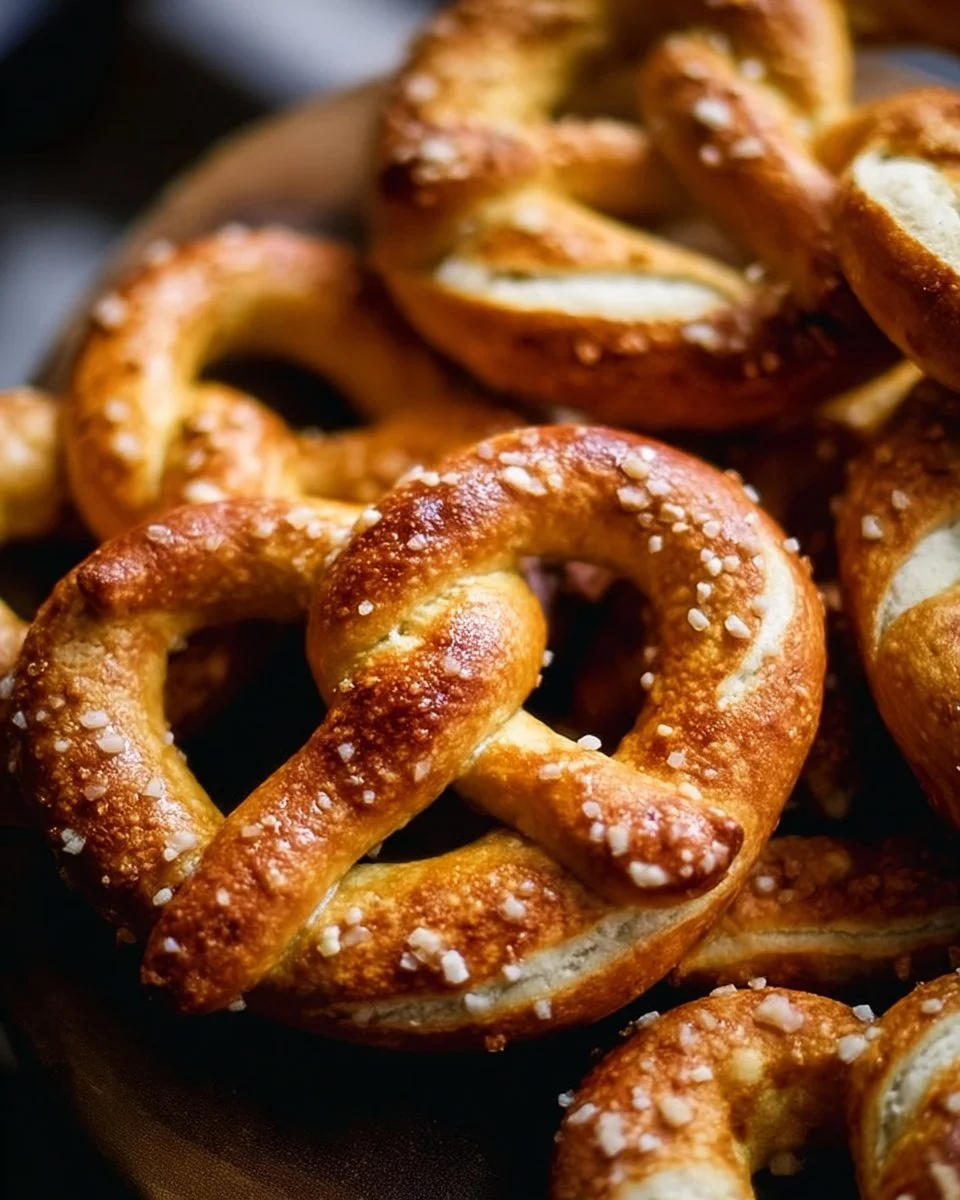 Baking homemade soft pretzels on a wooden countertop.