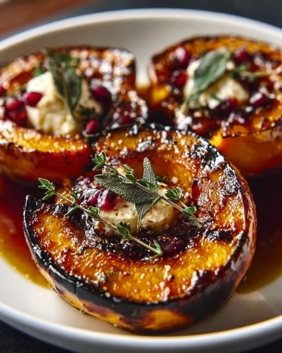 Honey Glazed Acorn Squash with Goat Cheese 1 Honey glazed acorn squash topped with goat cheese on a rustic table