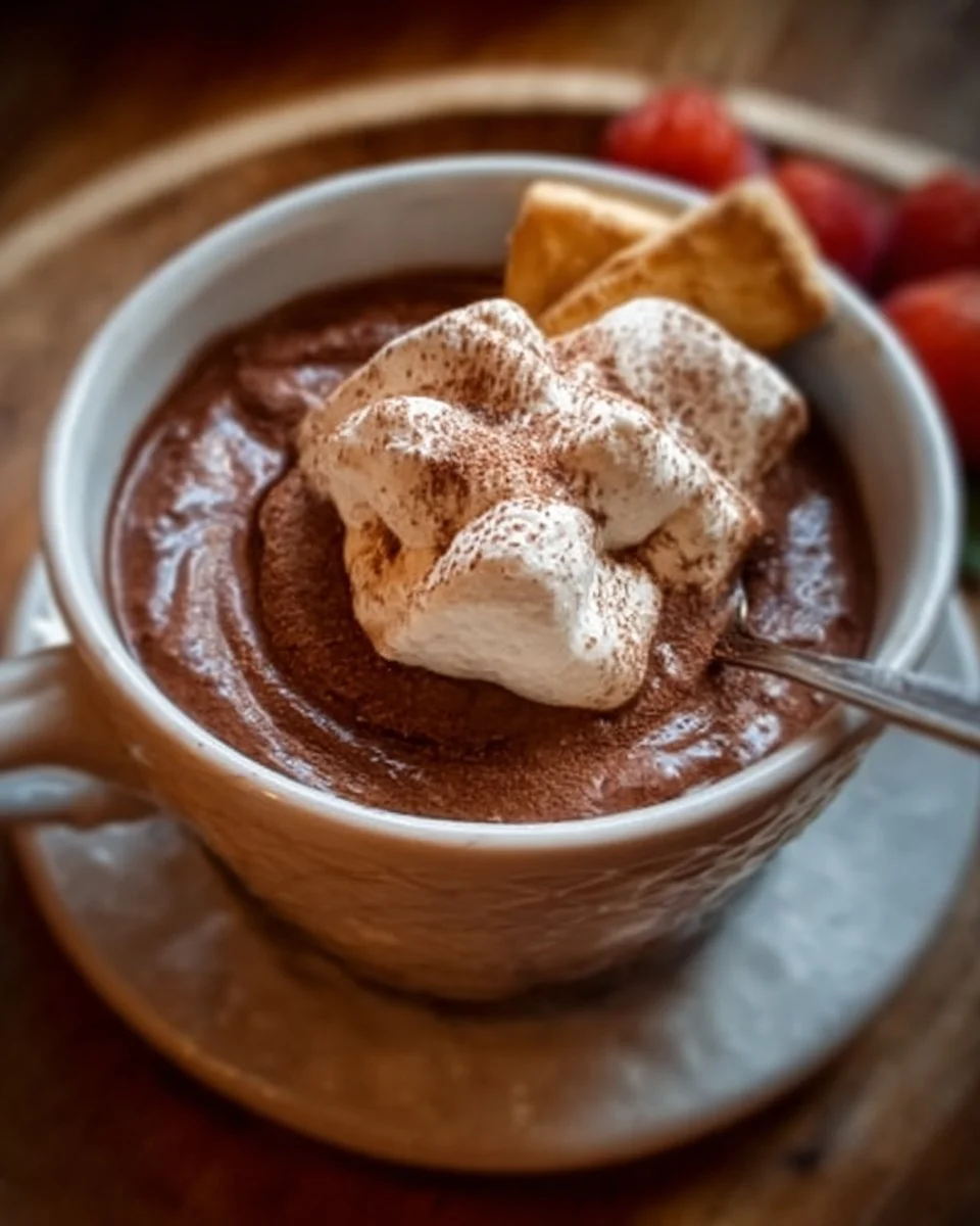 Delicious hot chocolate dip served with marshmallows and snacks