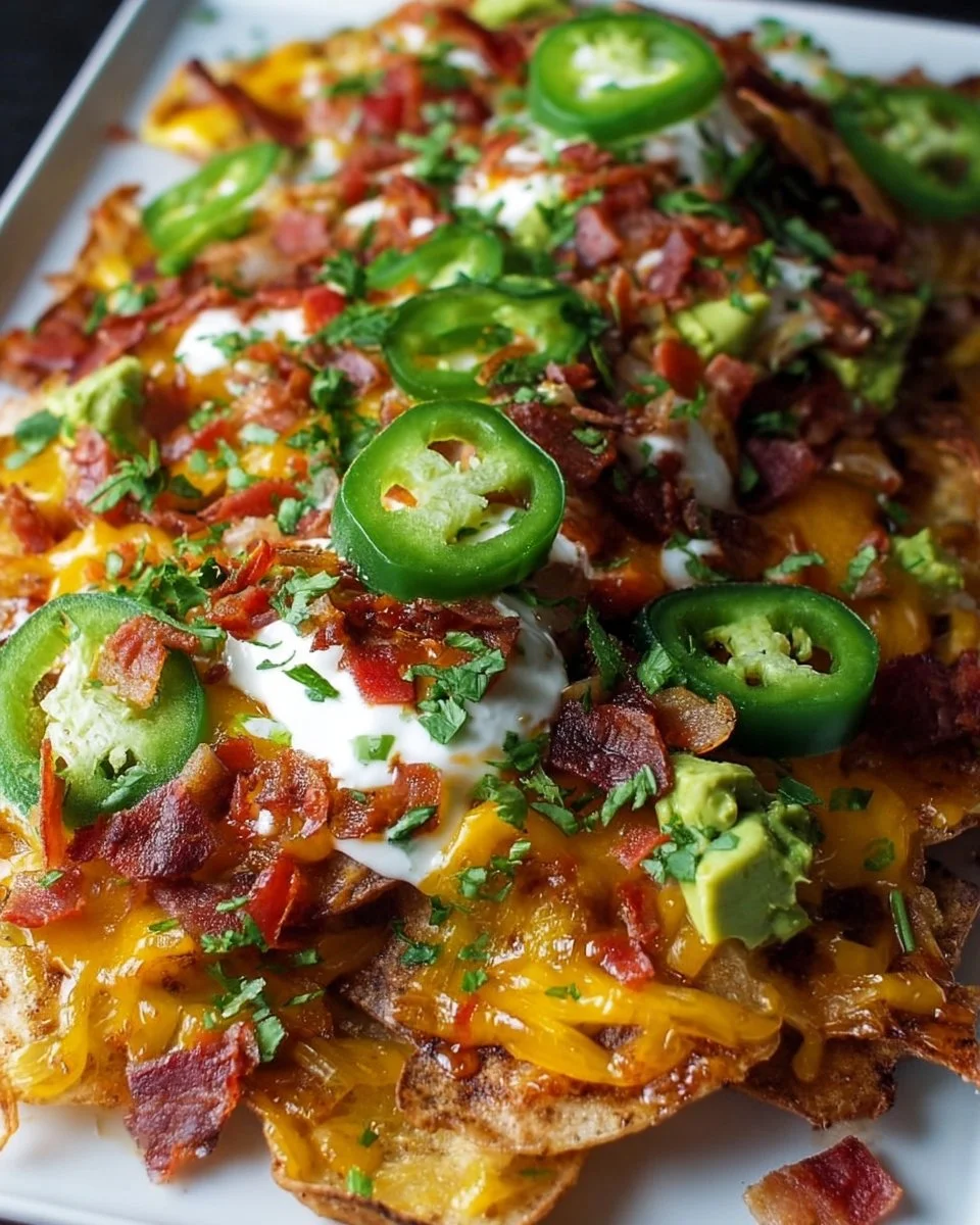Delicious Irish Nachos topped with cheese, jalapeños, and sour cream