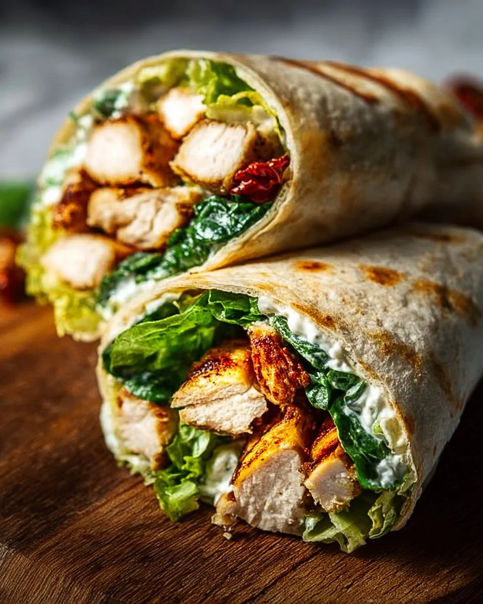 Irresistible Chicken Caesar Wraps That You’ll Crave Daily 1 Delicious Chicken Caesar Wraps filled with grilled chicken, romaine, and Caesar dressing