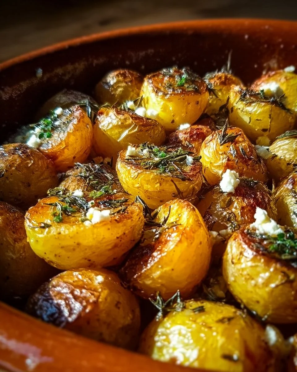 Irresistible Greek Roast Potatoes with Lemon and Feta Magic 1 Delicious Greek roast potatoes with lemon and feta served in a bowl