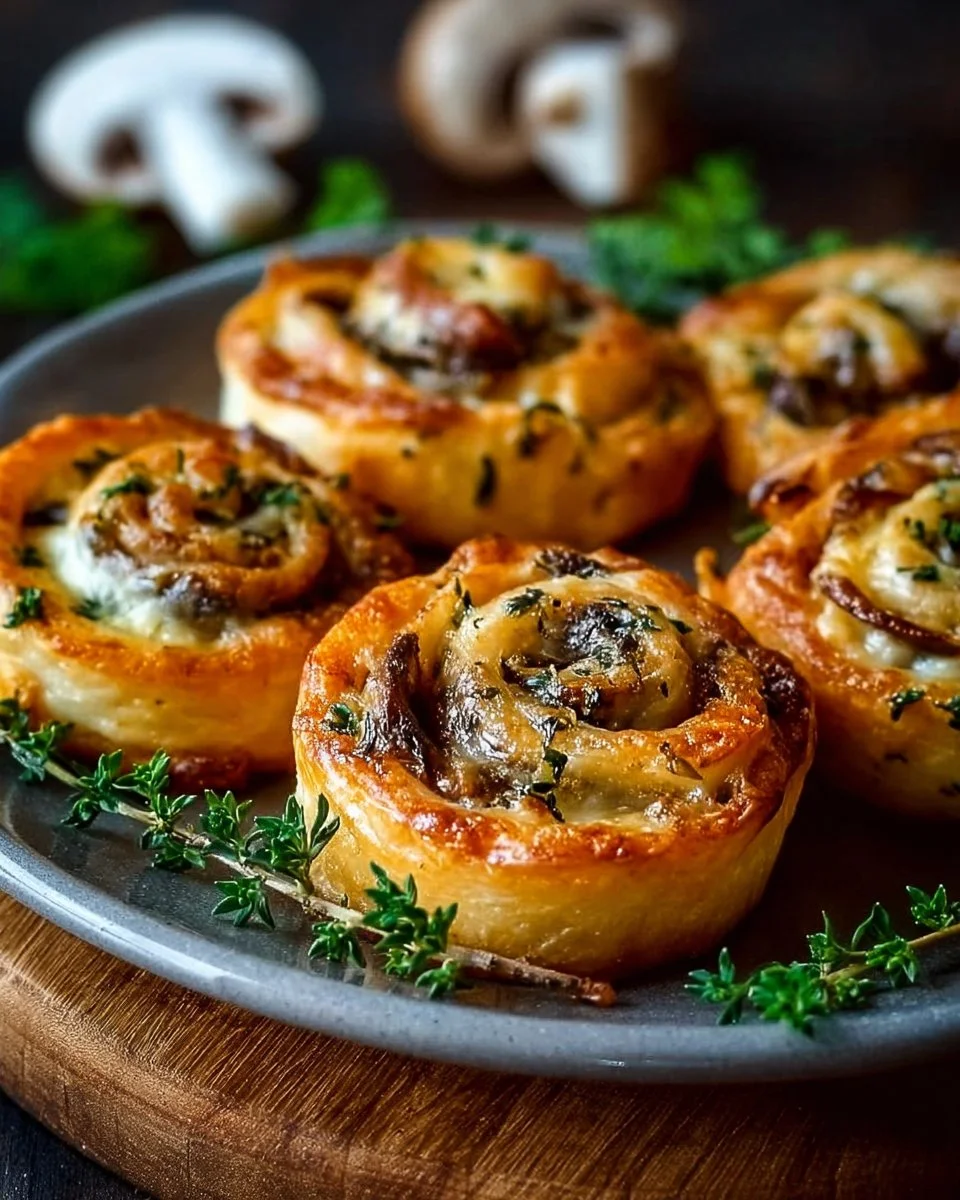 Delicious mushroom cheese pinwheels arranged on a platter for a gathering.
