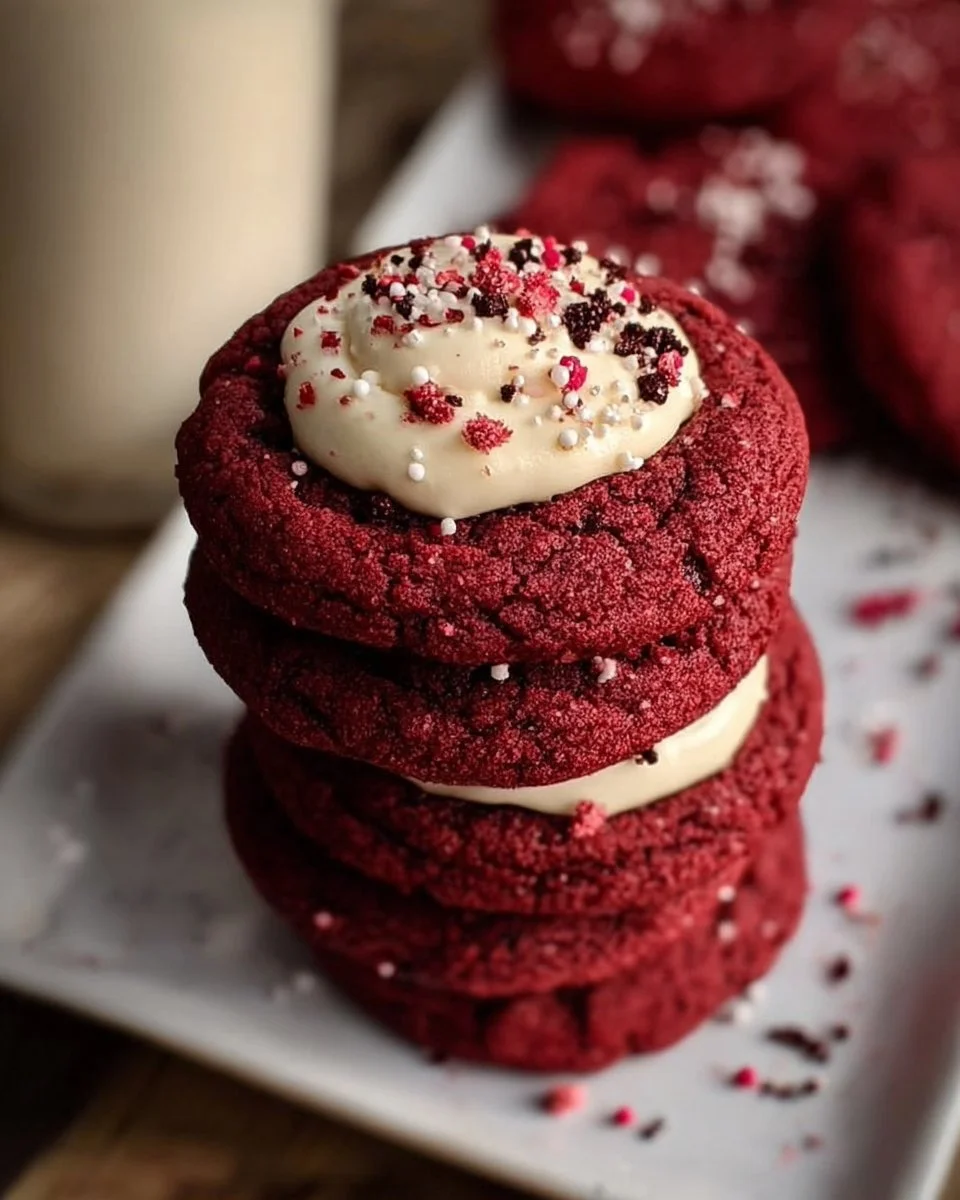 Irresistibly Soft Red Velvet Crumbl-Style Cookies Recipe 1 Delicious galletas de terciopelo rojo cookies on a baking tray.