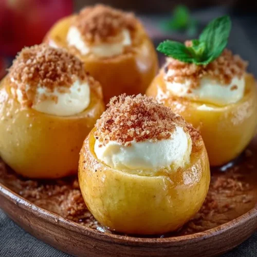 Deliciously creamy cheesecake stuffed baked apples with caramel drizzle