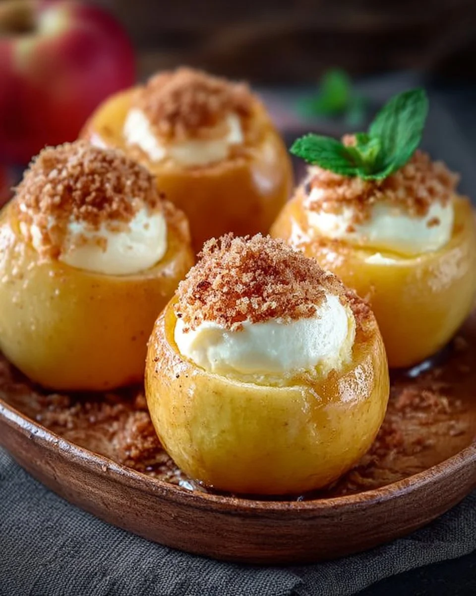 Deliciously creamy cheesecake stuffed baked apples with caramel drizzle