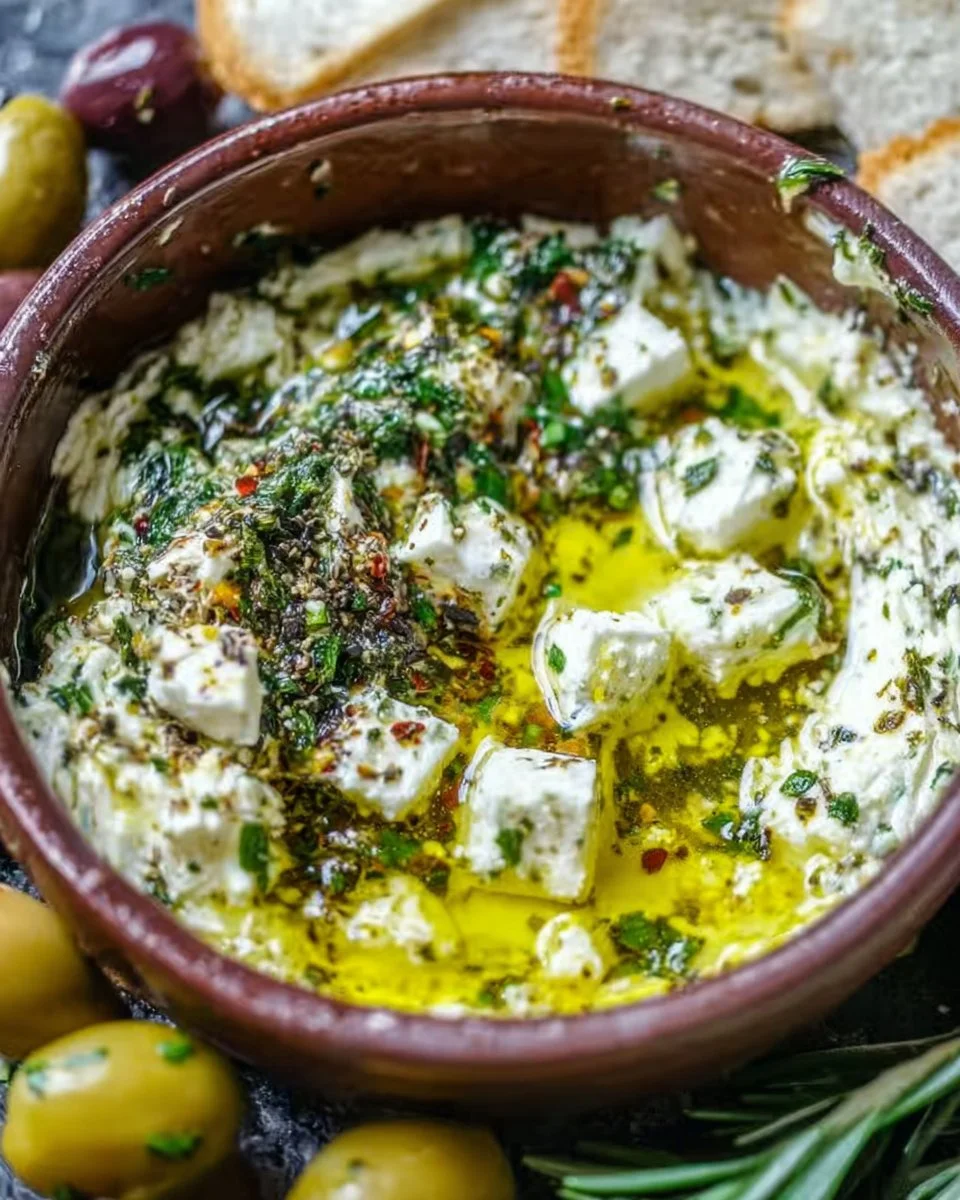 Creamy herb and feta dip served in a bowl with olive oil and herbs