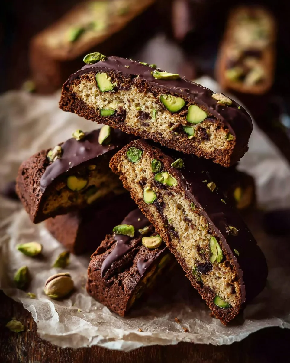 Irresistibly Crunchy Chocolate Pistachio Biscotti Recipe 1 Homemade chocolate pistachio biscotti displayed on a rustic wooden table.