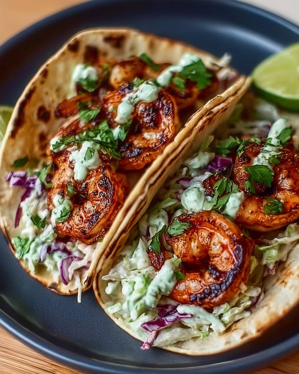 Cilantro lime shrimp tacos with creamy slaw served on a plate