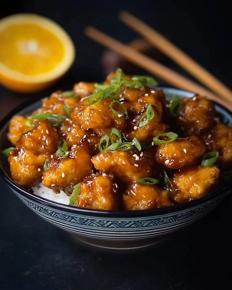 Irresistibly Delicious Homemade Chinese Orange Chicken 1 Plate of homemade Chinese orange chicken garnished with green onions