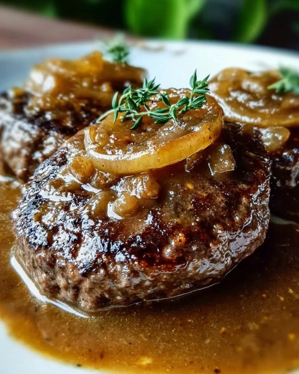 Delicious hamburger steaks served with rich onion gravy on a plate