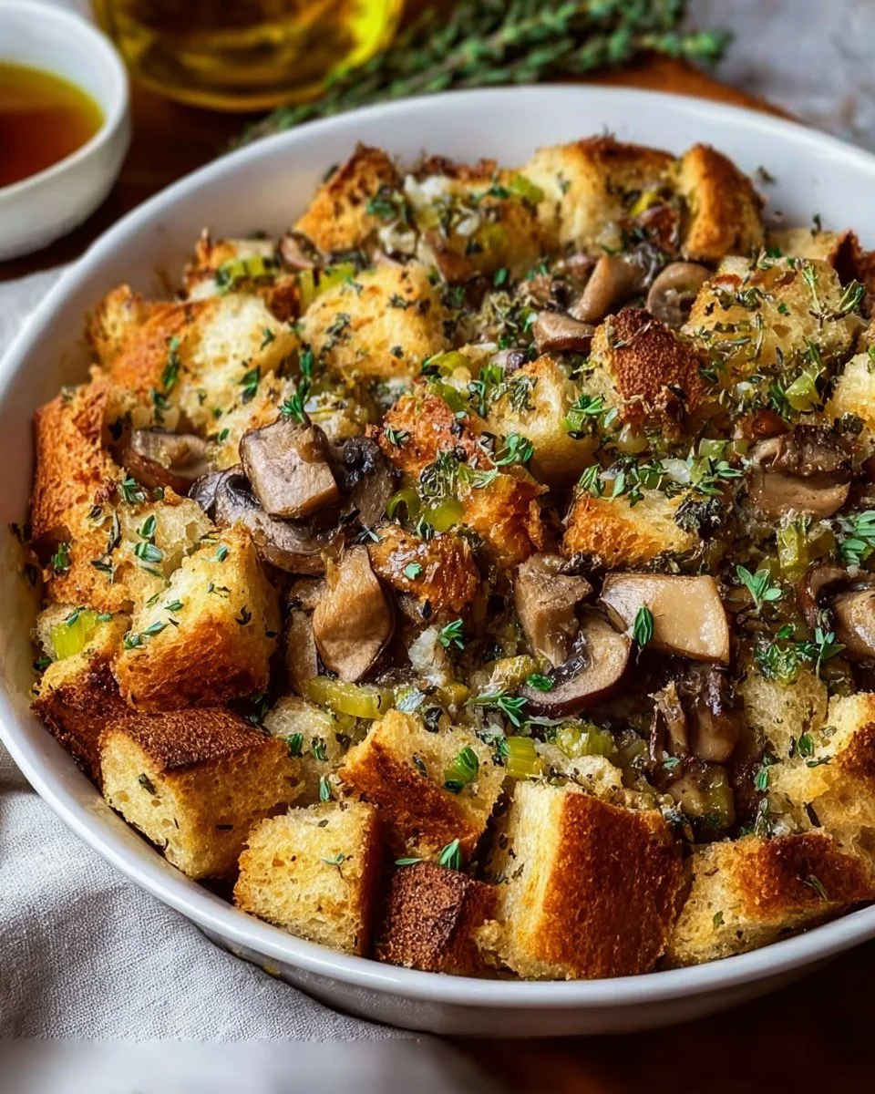 Delicious herbed mushroom bread stuffing ready to serve for a cozy meal