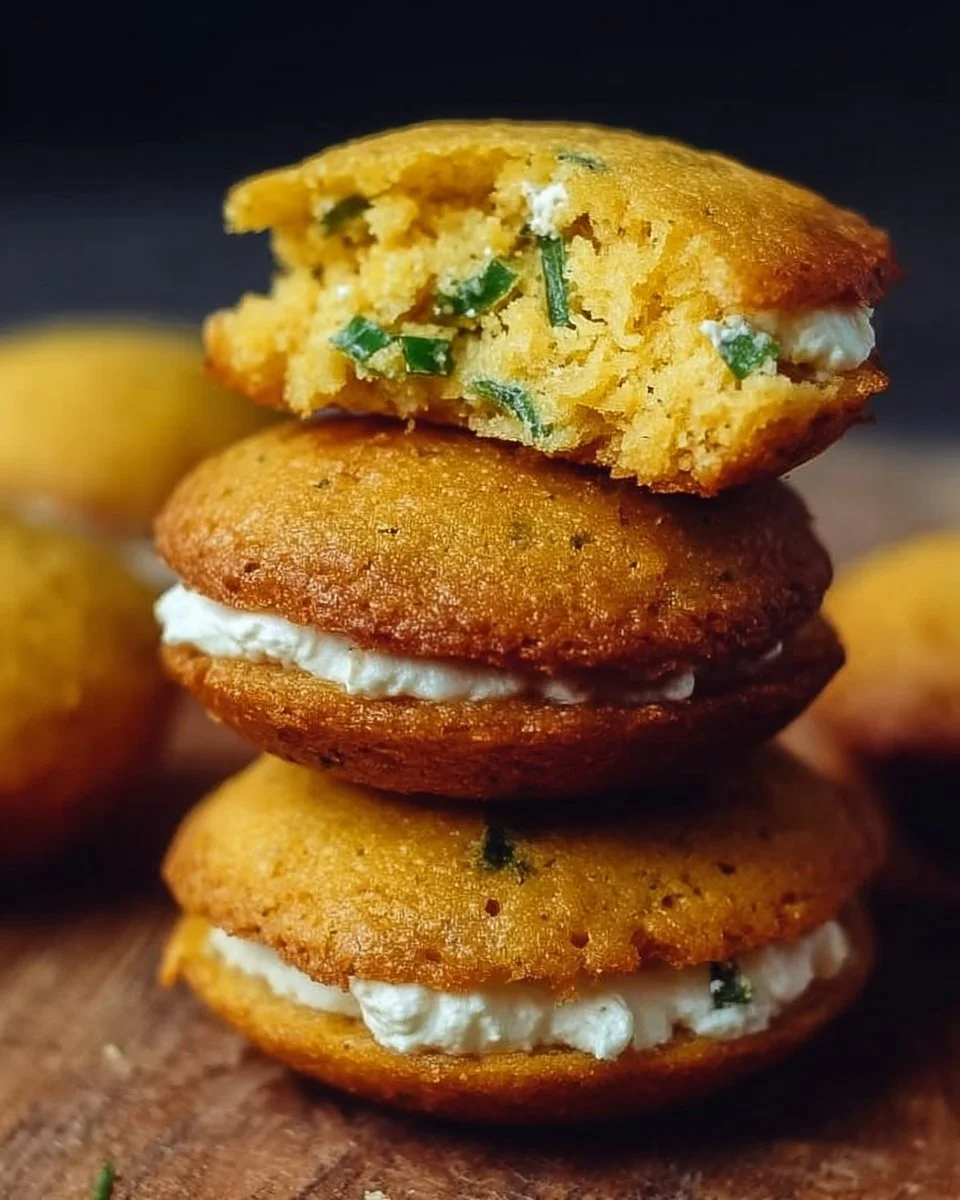Delicious jalapeno cornbread whoopie pies with a spicy twist.