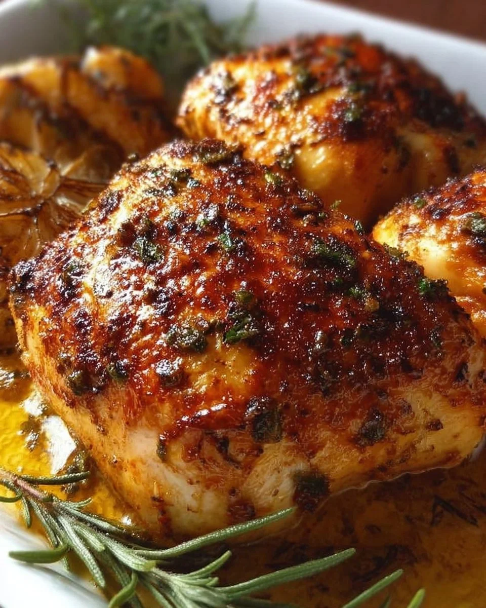 Juicy easy baked chicken served on a plate with herbs and spices