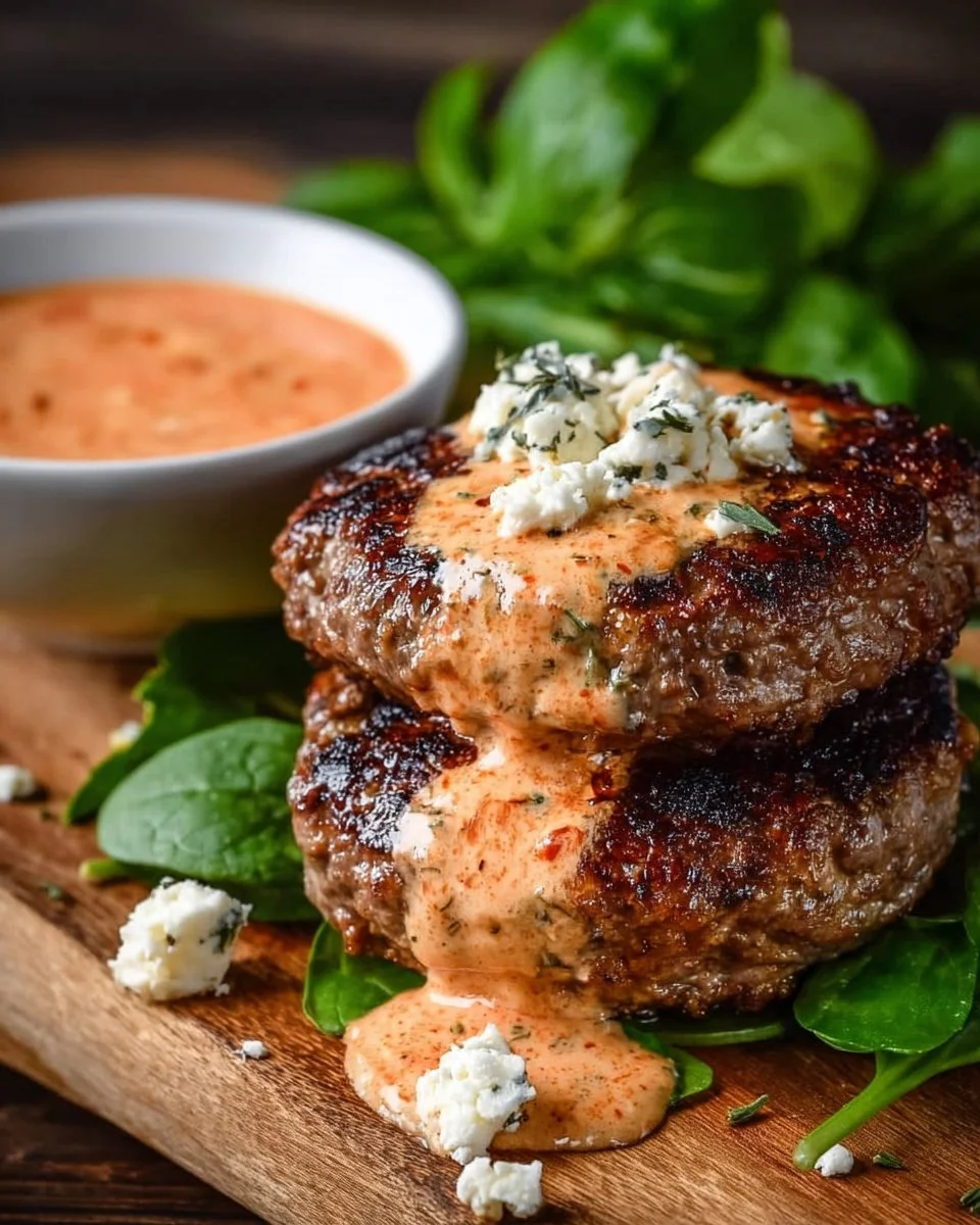 Keto Feta Burgers served with flavorful tomato cream sauce