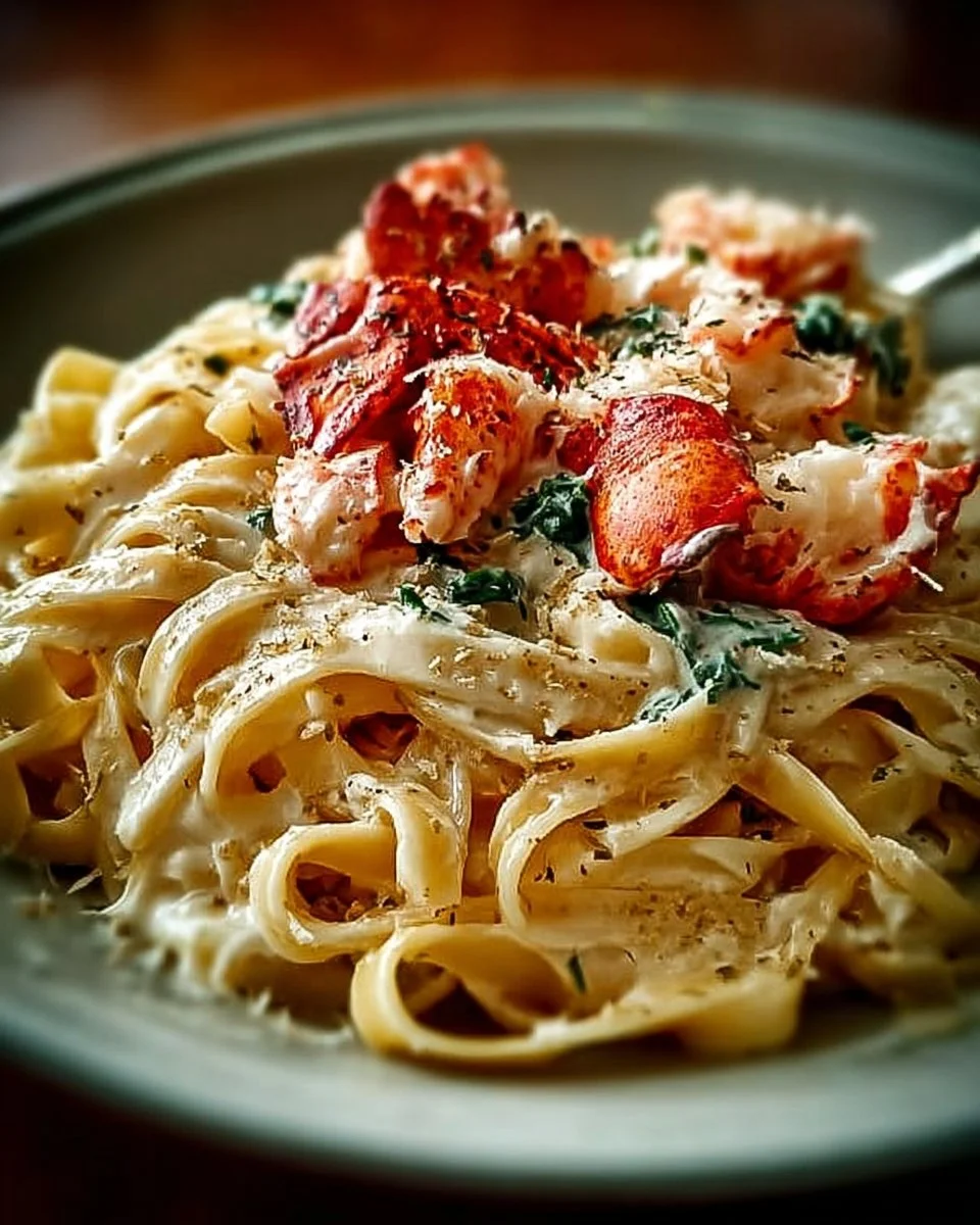 Lobster Alfredo Pasta 1 A delicious plate of Lobster Alfredo Pasta topped with fresh herbs and Parmesan cheese.
