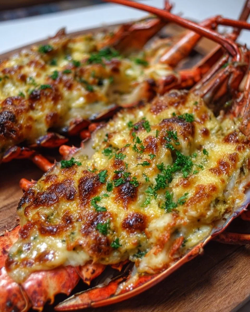 Lobster Thermidor 1 Delicious Lobster Thermidor served with creamy sauce and herbs on a plate.
