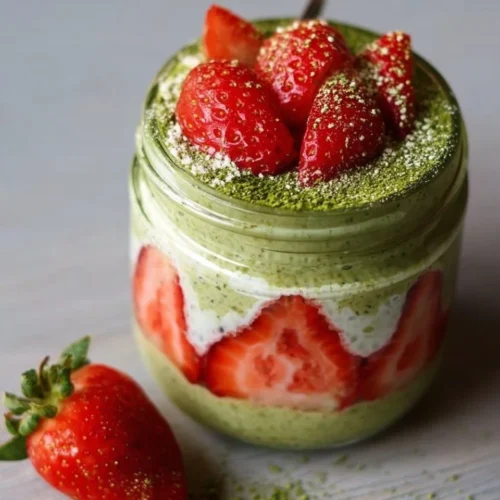 Matcha Strawberry Overnight Oats 2 Bowl of matcha strawberry overnight oats topped with fresh strawberries and matcha powder