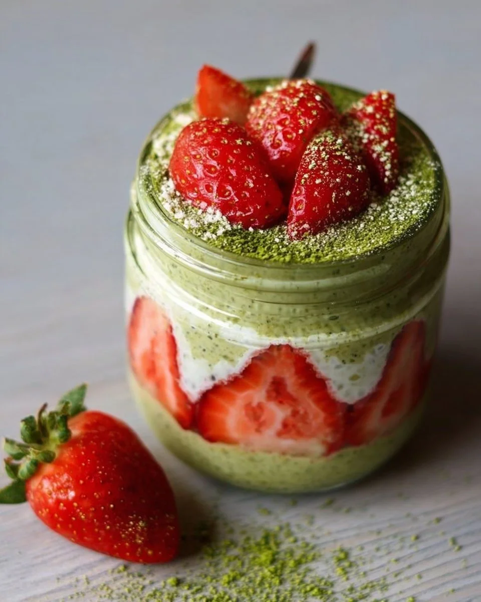 Bowl of matcha strawberry overnight oats topped with fresh strawberries and matcha powder
