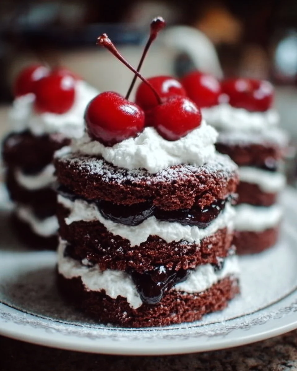 Mini Black Forest Layer Cakes 1 Mini Black Forest Layer Cakes with chocolate layers and cherries