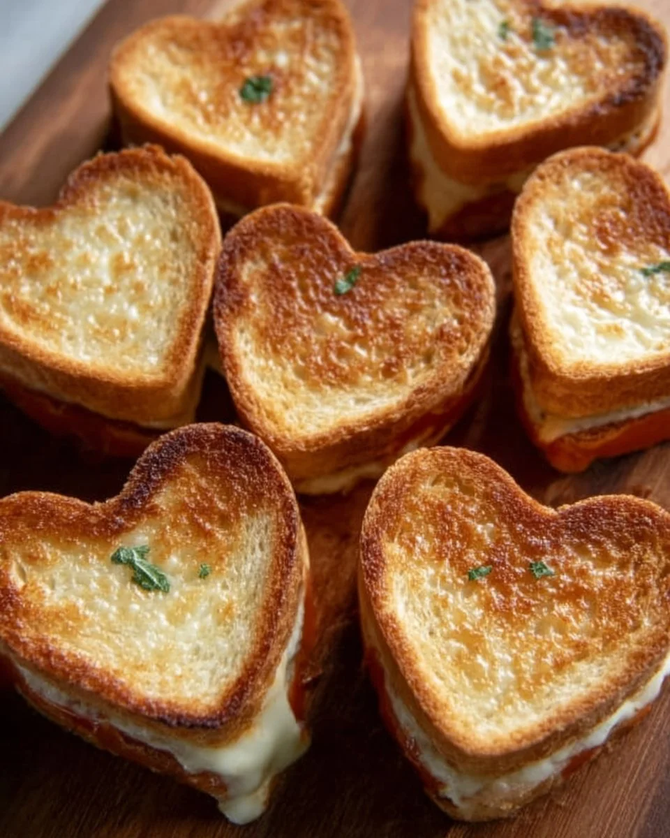 Mini grilled cheese hearts with melted cheese on crispy bread for a fun snack.