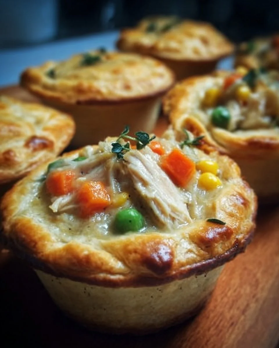 Muffin Tin Chicken Pot Pie 1 Delicious muffin tin chicken pot pie fresh out of the oven, served with vegetables.