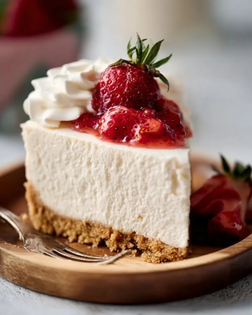 No Bake Cheesecake 1 Delicious no bake cheesecake topped with fresh berries on a white plate