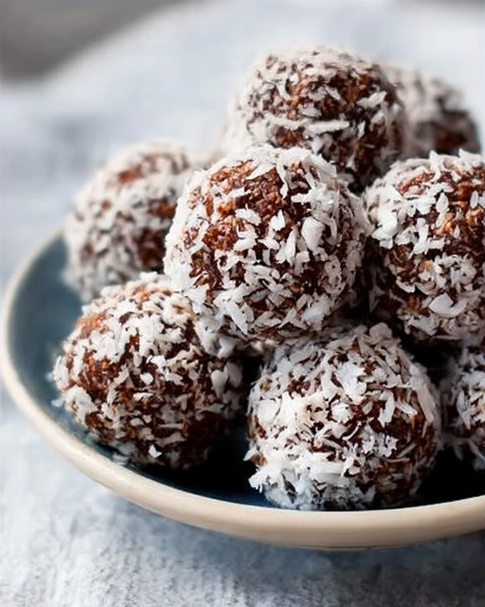 No-Bake Chocolate Coconut Snowballs 1 No-Bake Chocolate Coconut Snowballs stacked on a plate