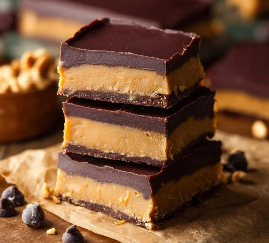 No Bake Chocolate Peanut Butter Bars 1 No bake chocolate peanut butter bars stacked on a plate