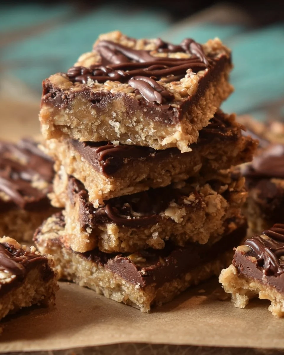 No-bake chocolate peanut butter oat bars topped with chocolate drizzle