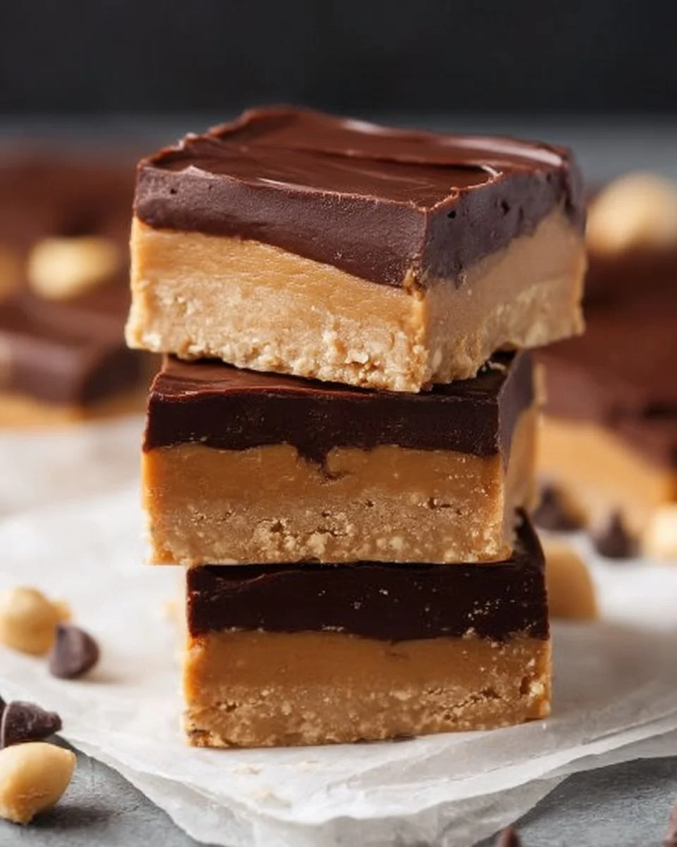 No-Bake Peanut Butter Buckeye Bars topped with chocolate and peanut butter