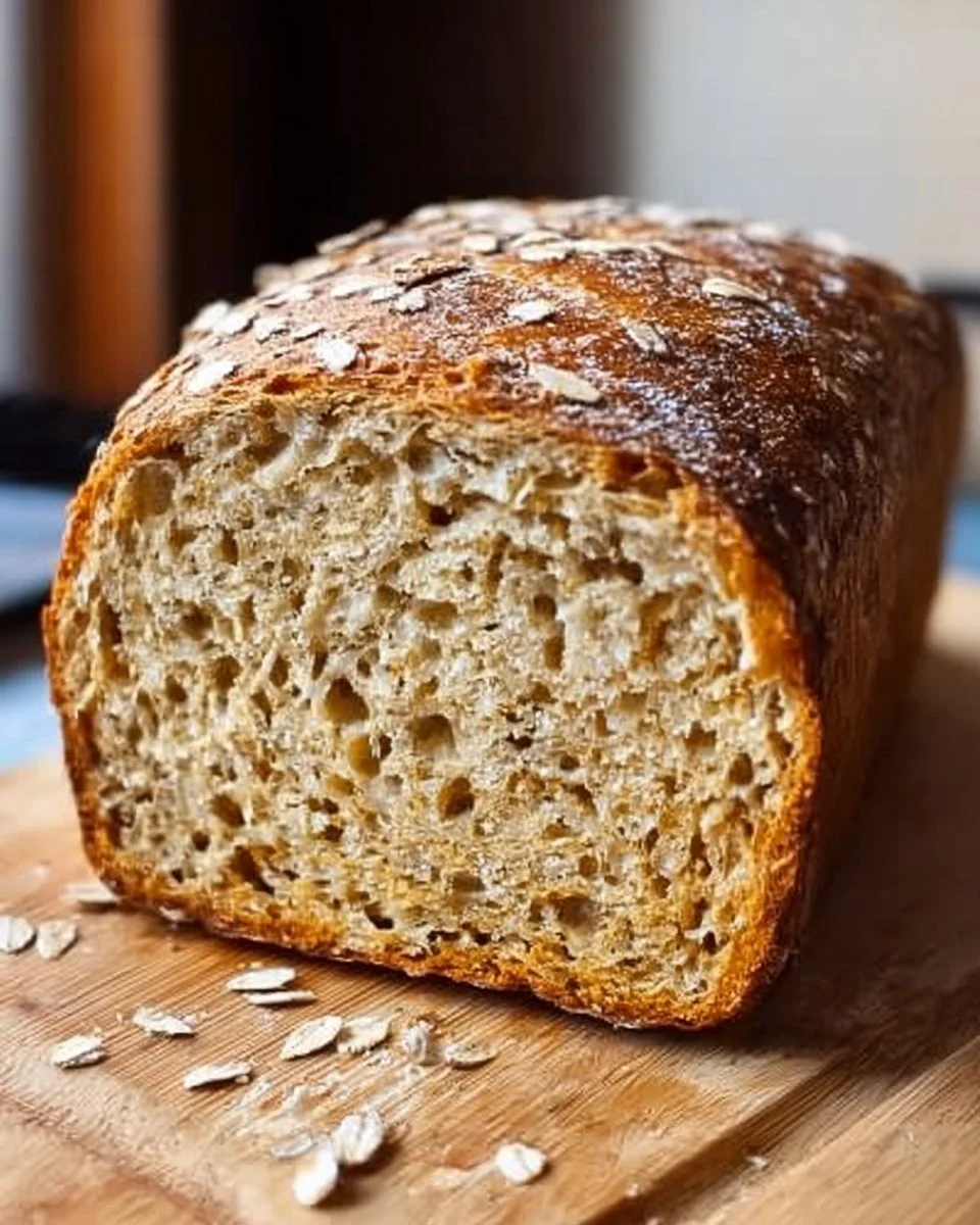 No-Knead Honey Oat Bread 1 Freshly baked no-knead honey oat bread loaf on a wooden cutting board