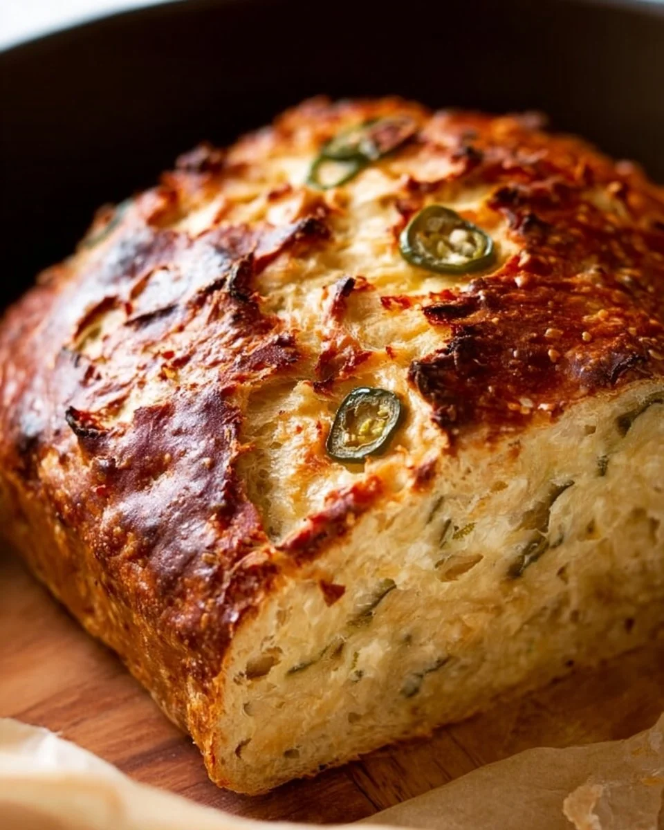 No-Knead Jalapeño Cheddar Bread 1 Freshly baked no-knead jalapeño cheddar bread loaf