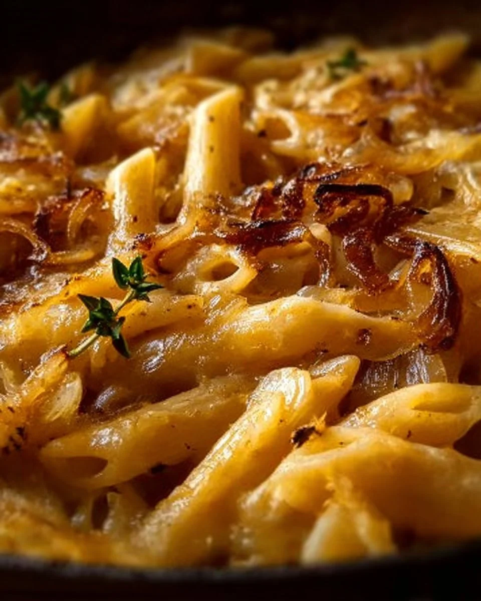 One Pot French Onion Pasta 1 One Pot French Onion Pasta dish with melted cheese and caramelized onions