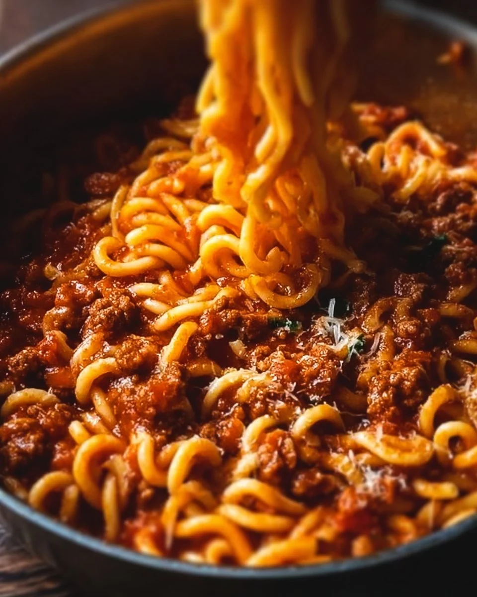 One Pot Pasta Bolognese served in a bowl, garnished with fresh basil and cheese.