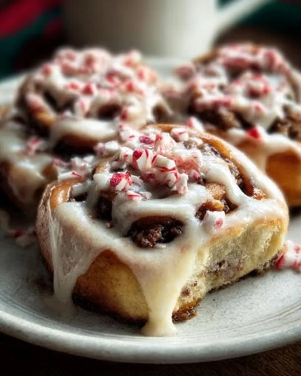 Peppermint Bark Cinnamon Rolls 1 Delicious peppermint bark cinnamon rolls topped with festive peppermint candy